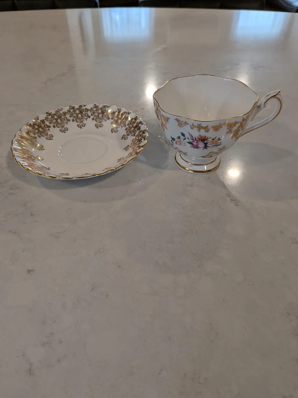 Vintage 1950s Bone China White and Gold Floral Teacup & Saucer Different Maker